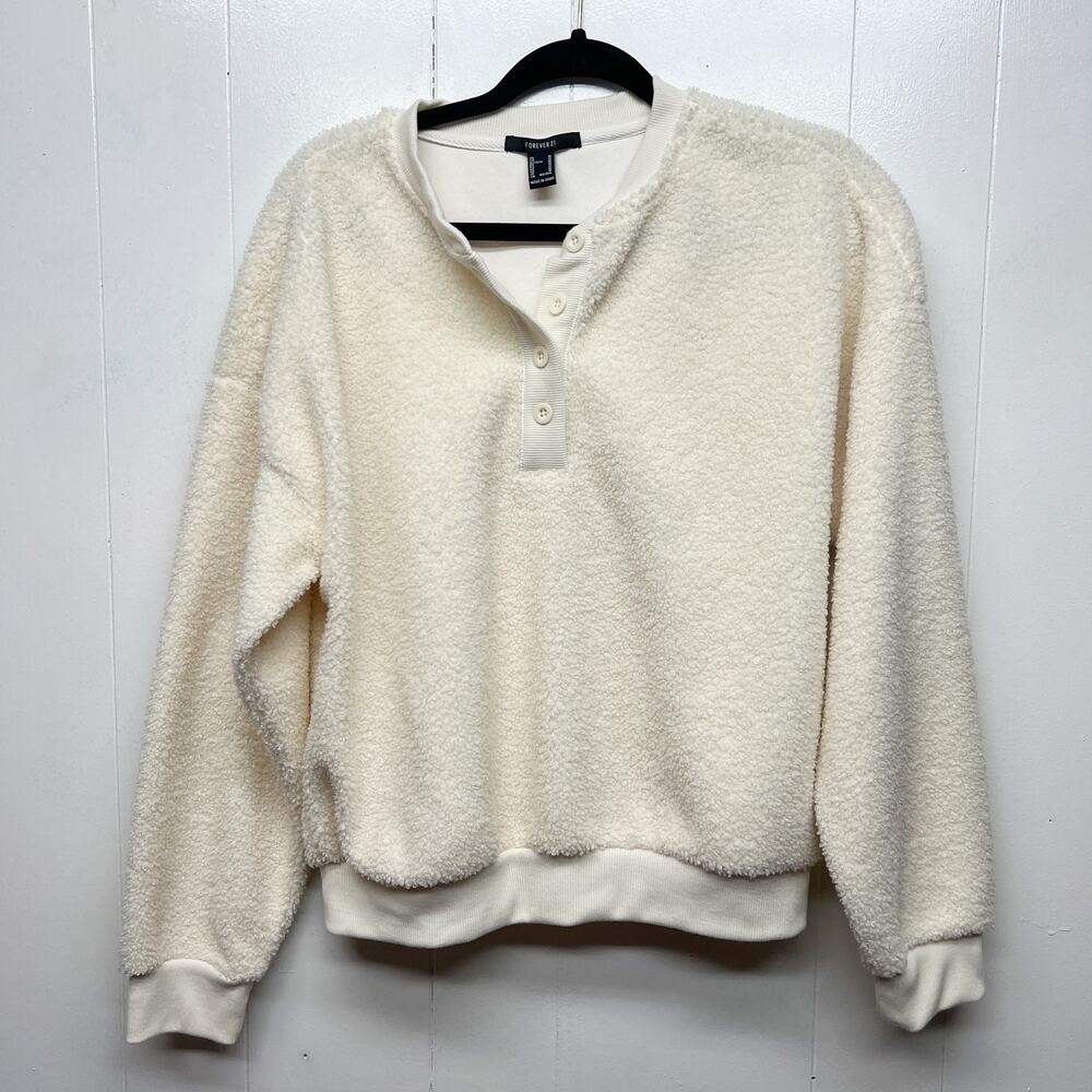 Forever 21 Terry Pullover Women's Cream Sweater Size Medium 1/4 Button